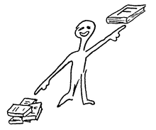 Drawing by Jeremy Griffith of a man pointing to FREEDOM and also at other books suggesting the ideas in FREEDOM are not original