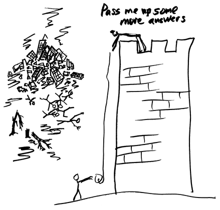 Drawing of a person on top of a castle, pocketing the win, asking for more answers while everyone runs for the new world, by Jeremy Griffith
