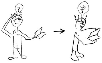Drawing of a person who can't 'hear' or is 'deaf' to understanding of the human condition, transforming to a person who can hear and understand it