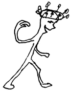 Drawing by Jeremy Griffith of a man with a crown on his head and signalling others to follow him as he knows better