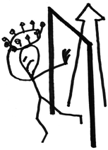 Drawing by Jeremy Griffith of a man exitiing through a side door, putting his crown back on his head and blocking out where he should be going