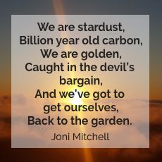 Joni Mitchell Stardust quote with sun rising in the background