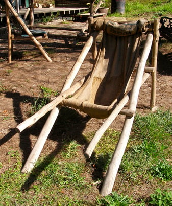 Stick chair made by Jeremy Griffith using sticks, hessian bags and wire