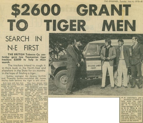 Newspaper article about Jeremy Griffith receiving financial support to continue his search for the Tasmanian Tiger