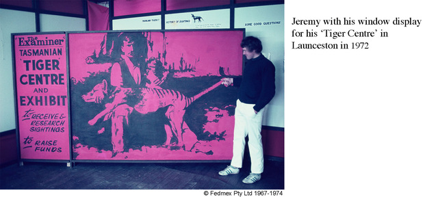 Jeremy Griffith with his window display for his ‘Tiger Centre’ in Launceston in 1972