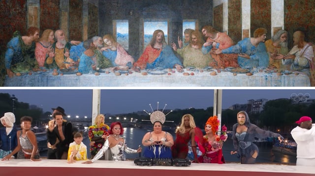 Leonardo da Vinci's 1495-98 ‘The Last Supper’ fresco juxtaposed with the 2024 Paris Olympics Opening Ceremy parody of ‘The Last Supper’