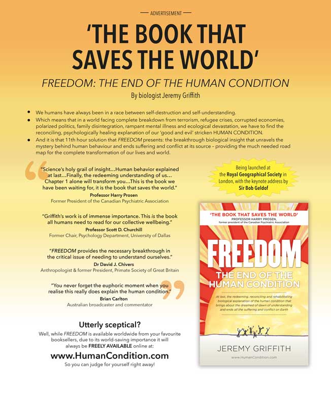 Example of an ad that appeared in the Weekend Australian promoting ‘The Book that Saves the World’