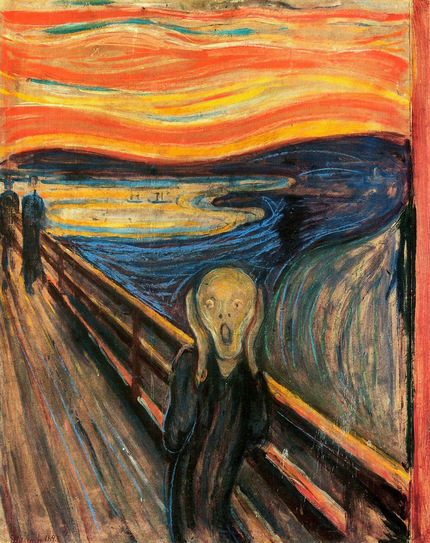 ‘The Scream’ by Edvard Munch, 1893, a dream like painting of a man holding his head with a horrified facial expression.