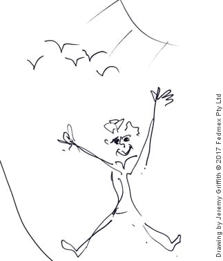 Drawing by Jeremy Griffith of a liberated, happy person with arms outstretched with birds and sunshine over head
