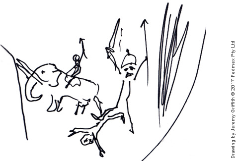 Drawing of a battle scence with a man holding a sword and spear, another on a war elephant and a slain men