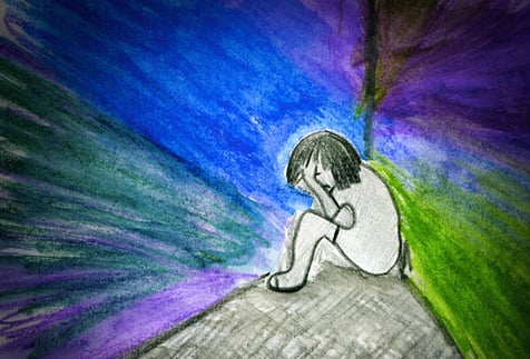 Crayon drawing of a traumatised child cowering in the corner of a room