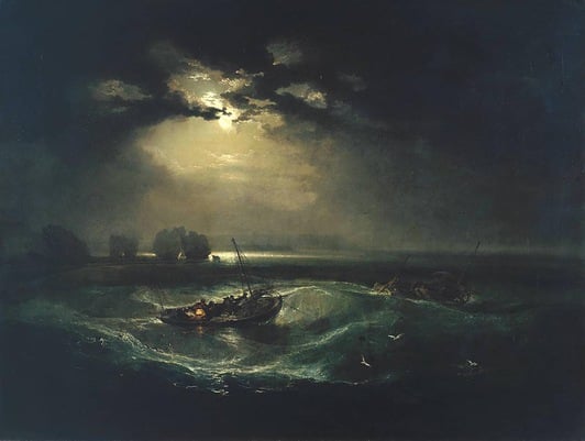 A painting of a handful of fisherman in a small boat in a rough sea on a moonlit night