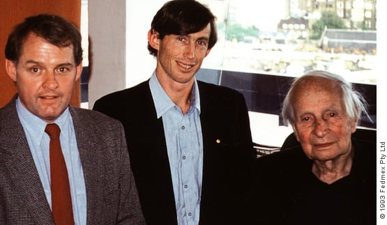World Transformation Movement Patrons, Jeremy Griffith and Tim Macartney-Snape with Sir Laurens van der Post in London in 1993
