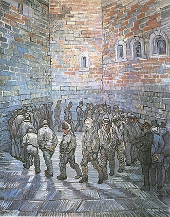 Painting of prisoners in line trudging in a circle bounded by high brick walls in Van Gogh’s painting ‘The Prisoners’