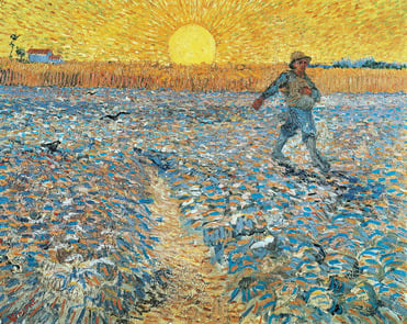 Vincent van Gogh’s painting, ‘The Sower’, depicting a man sowing seeds in a ploughed field with a brilliant golden wheat crop and sun above the horizon behind