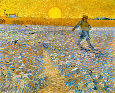 Vincent van Gogh’s painting, ‘The Sower’, depicting a man sowing seeds in a ploughed field with a brilliant golden wheat crop and sun above the horizon behind.