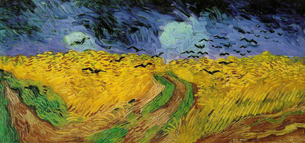 Vincent Van Gogh’s paiting, ‘Wheatfield with Crows’, depicts a golden wheatfield under a dark and foreboding sky with a flock of menacing crows flying low over the field.