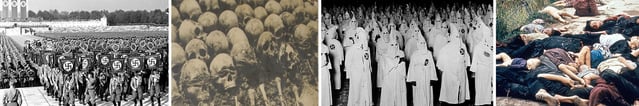 Kolaż przedstawiający przykłady wulkanicznego gniewu w człowieku: zlot nazistów; czaszki z czasów reżimu Pol Pota; Ku Klux Klan; wojenne egzekucje