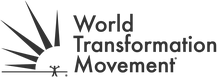 Black & white logo of a person standing in silhouette in front of a rising sun and text World Transformation Movement.