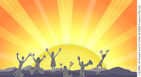 Grafika komputerowa przedstawiająca ludzi witających wschodzące słońce z wyciągniętymi rękami