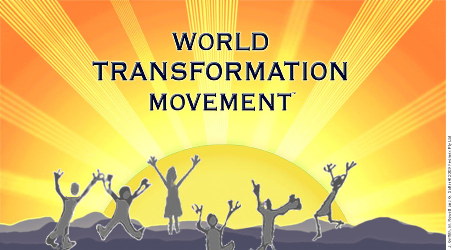 Poster with ‘WORLD TRANSFORMATION MOVEMENT’ text and computer graphic of people greeting the rising sun with outstretched arms