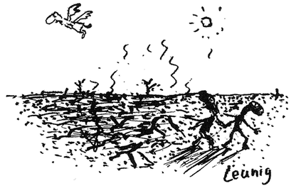 Adam and Eve leaving a wasteland that was the Garden of Eden with the angel looking on by cartoonist Michael Leunig.