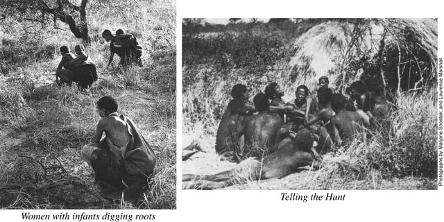 Left image: women gathering the food, in addition to nurturing the children. Right image: titled ‘Telling the Hunt’ shows men sitting around together with their backs to nature as they boast about their heroic conquests