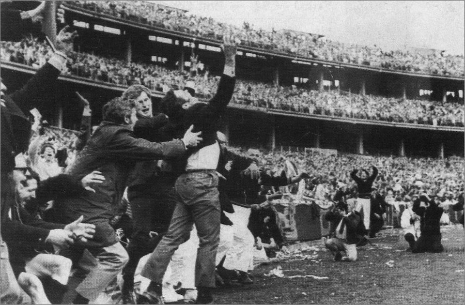 Carlton coach Ron Barassi exalts in his team’s victory in the 1970 Victorian Football league grand final, one of the most memorable ever.