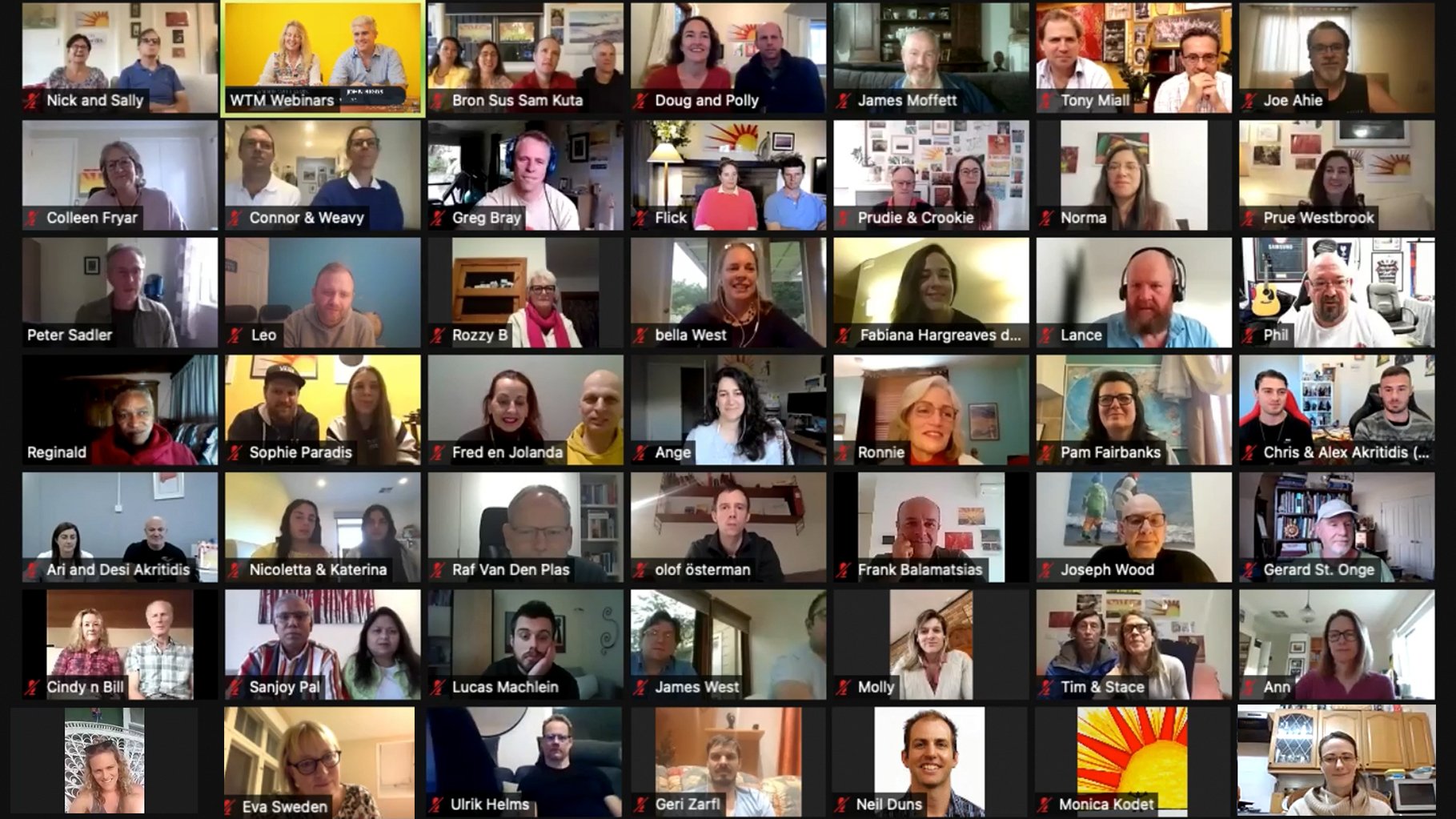 Screen showing thumnails of 56 of the attendees at the 2021 Global WTM online Gathering