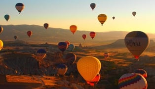 Many hot air balloons aloft at dawn