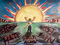Painting by Chris of himself standing in front of the rising sun