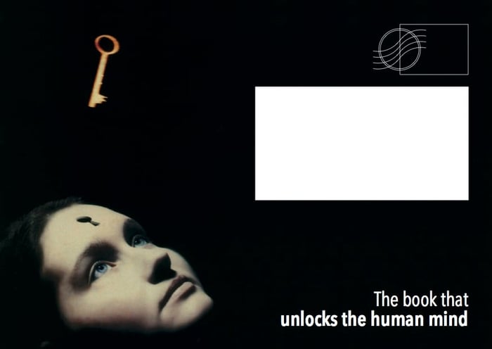 Front of the postcard promoting ‘FREEDOM’ with the words 'The Book That Unlocks the Human Mind’