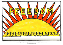 Jeremy Griffith’s Freedom Flag with people linking arms in front of a huge sunrise