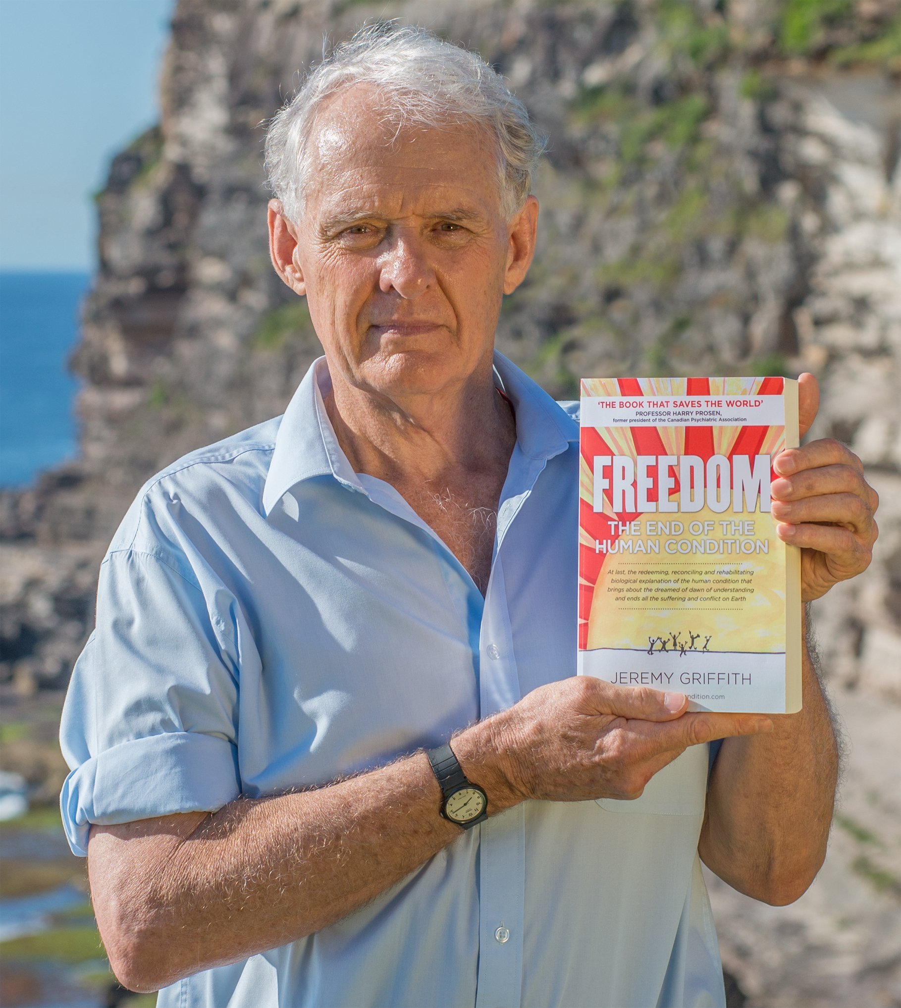 Biologist & author Jeremy Griffith with his main treatise on the human condition, 'FREEDOM: The End Of The Human Condition'