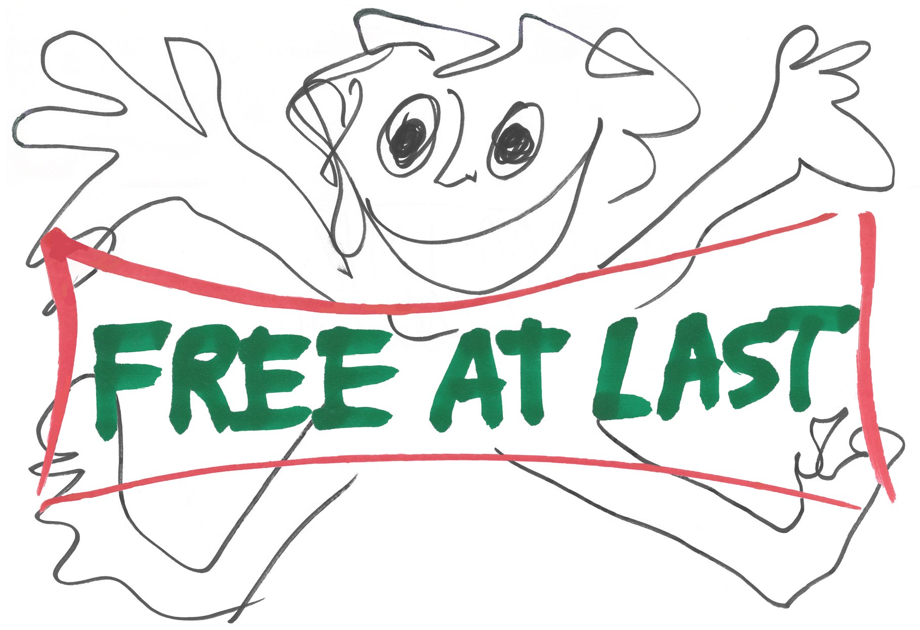 Jeremy Griffith's drawing of a man jumping for joy with text 'Free At Last'