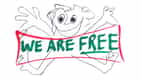Jumping man cartoon with ‘we are free’ banner