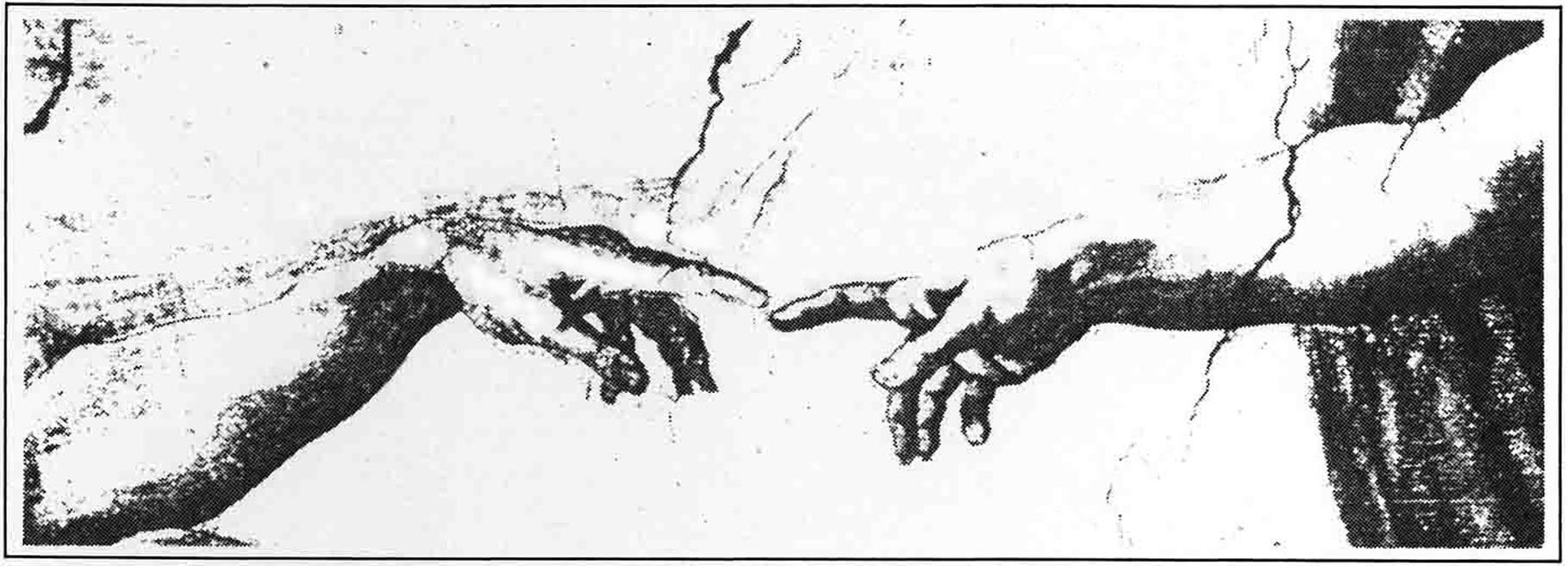 Two arms outstretched toward each other with fingers nearly touching