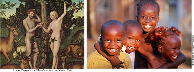 Lucas Cranach the Elder’s Adam and Eve (1526) and a group of smiling African children