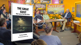 The Great Guilt book cover with the presentation audience in the background