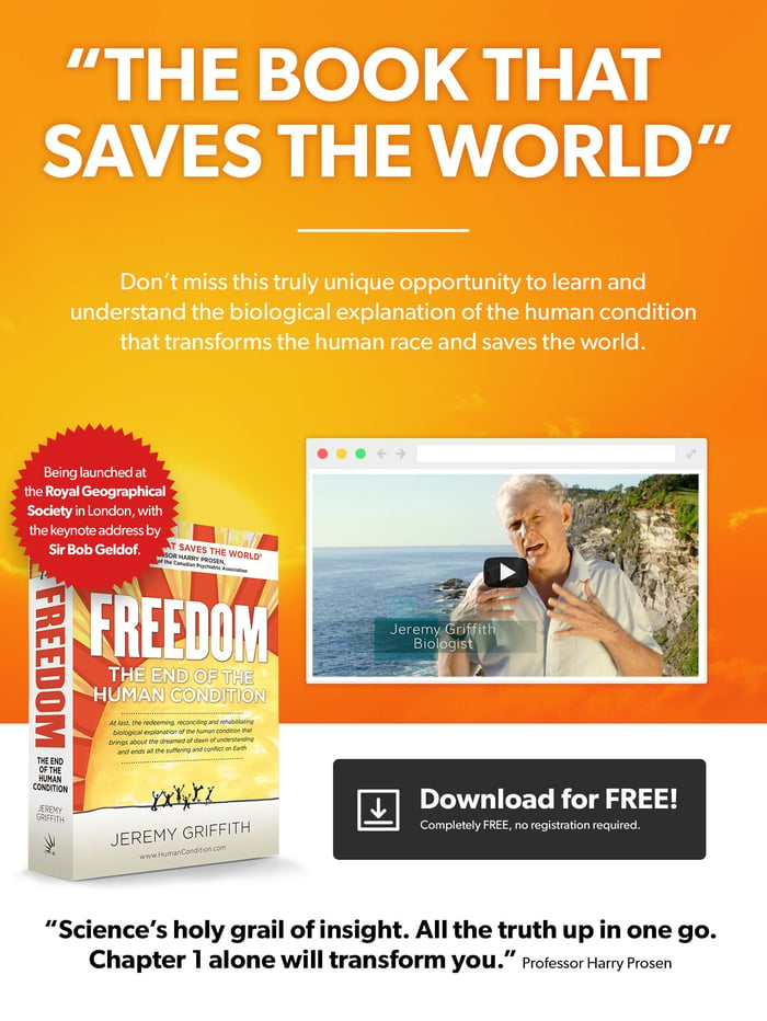 Advertisement for ‘The Book that Saves the World’ showing a video of the author, Jeremy Griffith