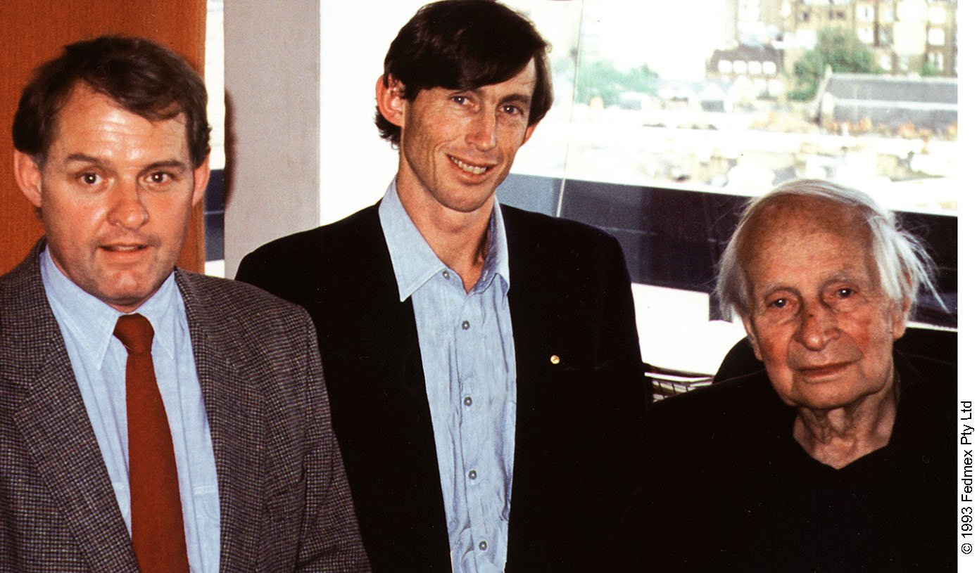 World Transformation Movement Patrons, Jeremy Griffith and Tim Macartney-Snape with Sir Laurens van der Post in London in 1993