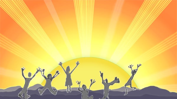 Computer graphic of people greeting the rising sun with outstretched arms
