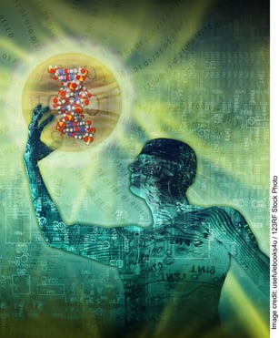 The discovery of DNA brings humanity closer to answering the question 'What is Science?' - diagram of a person holding a sphere containing DNA