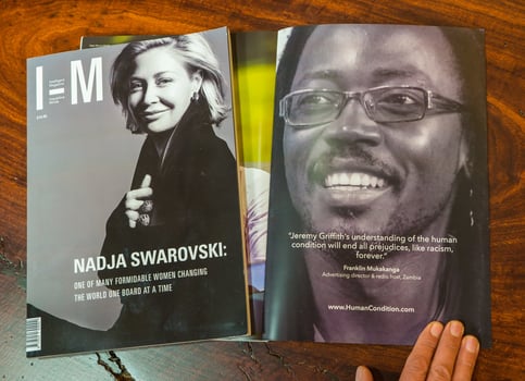 i-MAGAZINE’s 2017 front cover and inside back-cover with Franklin Mukakanga and his quote about ending racism