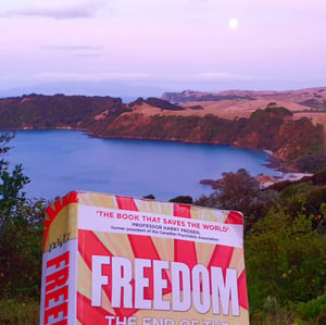 FREEDOM and the setting sun on Waiheke Island