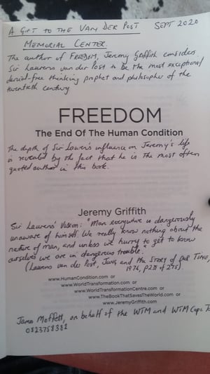 Inscription in the copy of FREEDOM donated to the Sir Laurens memorial